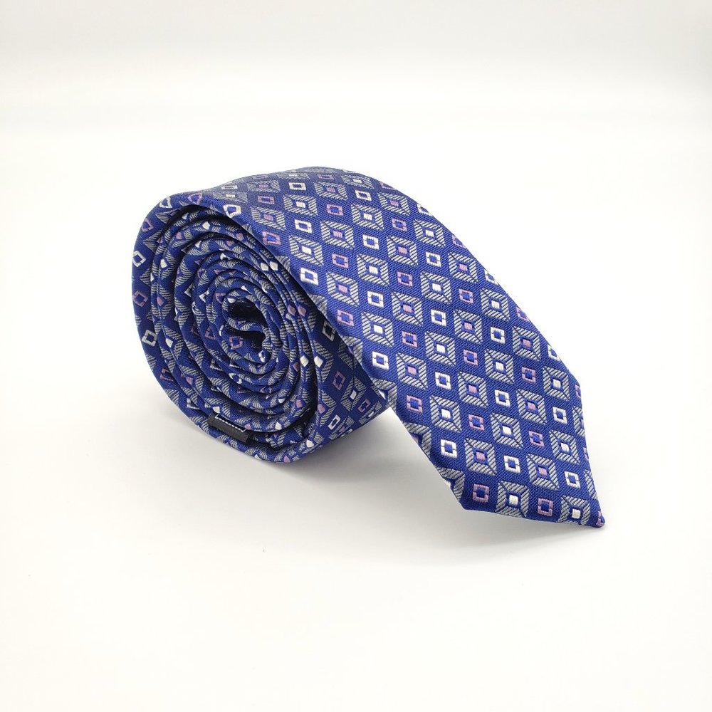Laurant Bennet Milano Men's Dress Skinny Neck Tie Blue Geometric 57"L 2 1/8"W